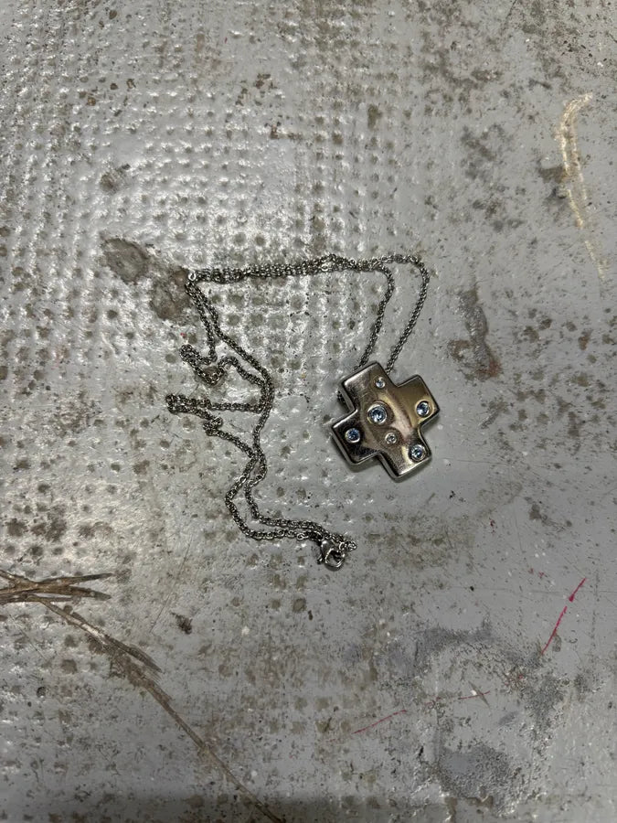 2000s Yves Saint Laurent Blue Crystal Silver Cross Necklace CxbeNwT 4