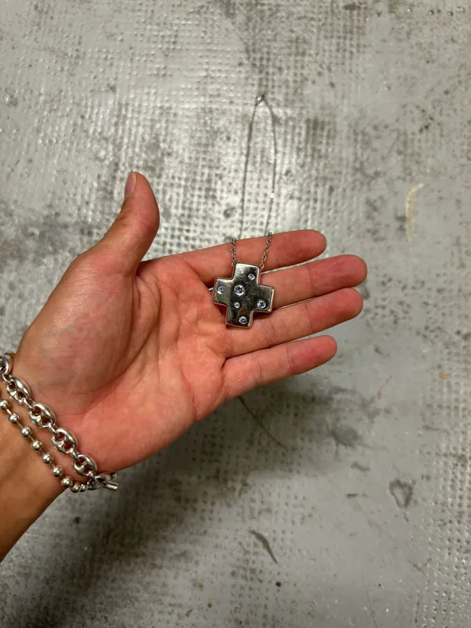 2000s Yves Saint Laurent Blue Crystal Silver Cross Necklace CxbeNwT 5