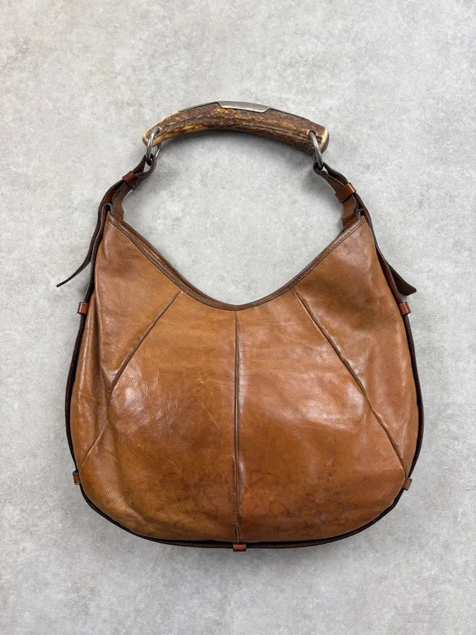 AW2002 Yves Saint Laurent Brown Leather Horn-Buckle Shoulder Bag rxtZepF 7