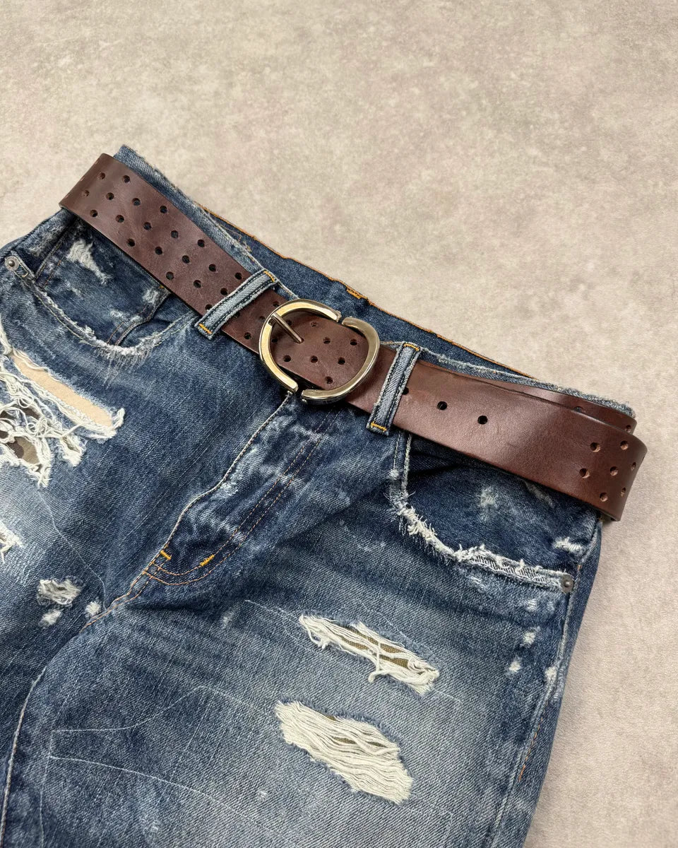 2000s Yves Saint Laurent Brown Leather Perforated Belt aQqMVoI 1