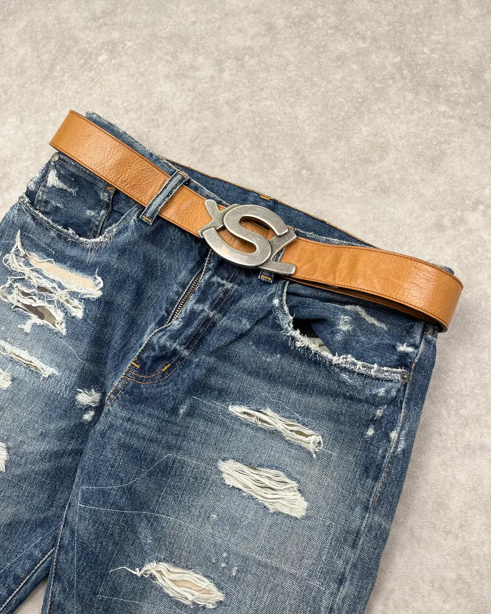 2000s Yves Saint Laurent Camel Brown Leather Logo Buckle Belt iljXwRS 0