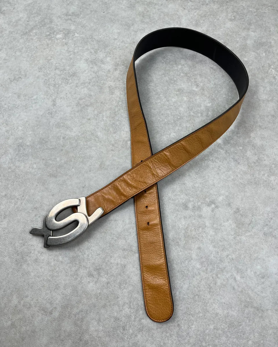 2000s Yves Saint Laurent Camel Brown Leather Logo Buckle Belt iljXwRS 1