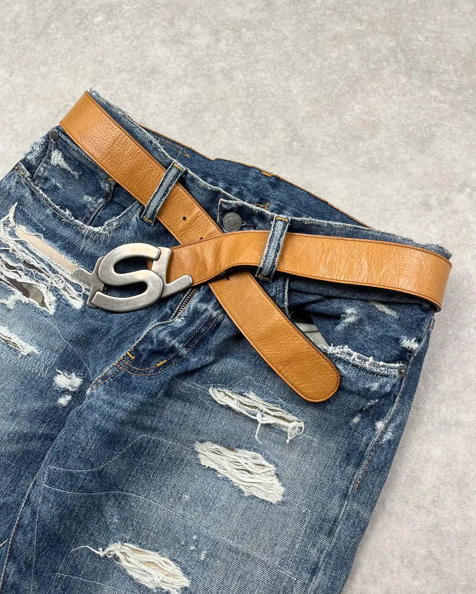 2000s Yves Saint Laurent Camel Brown Leather Logo Buckle Belt iljXwRS 2