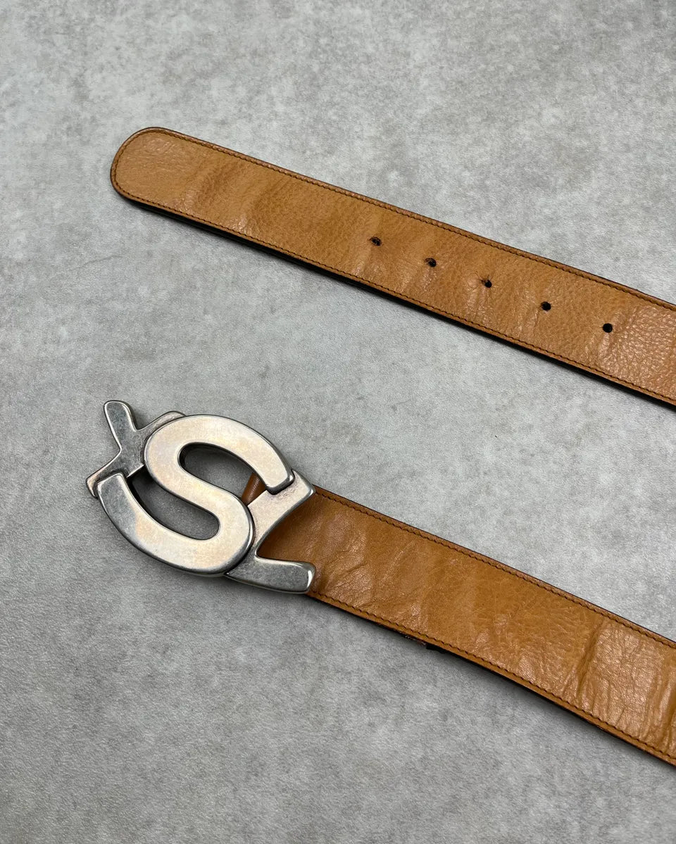 2000s Yves Saint Laurent Camel Brown Leather Logo Buckle Belt iljXwRS 3