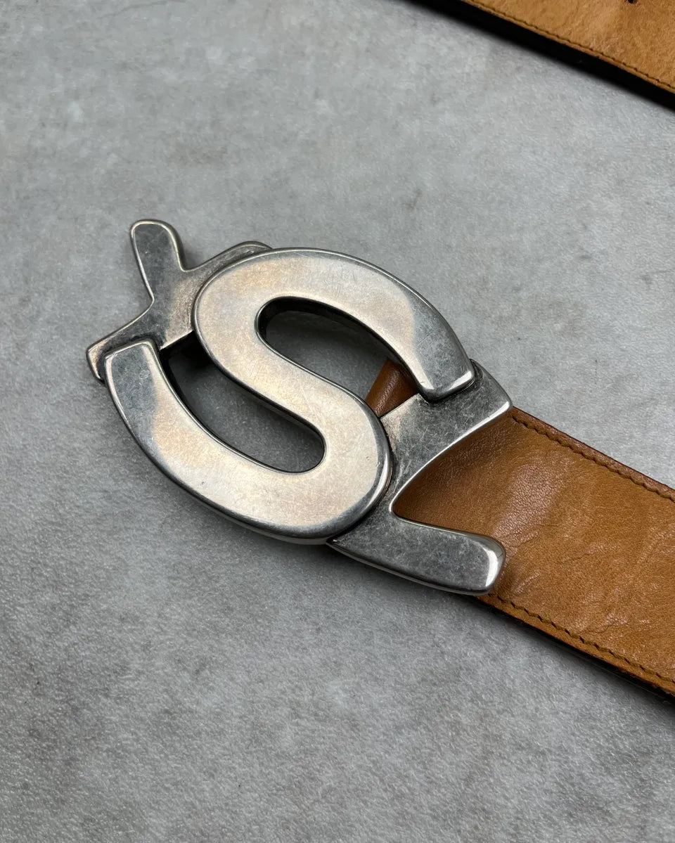 2000s Yves Saint Laurent Camel Brown Leather Logo Buckle Belt iljXwRS 4