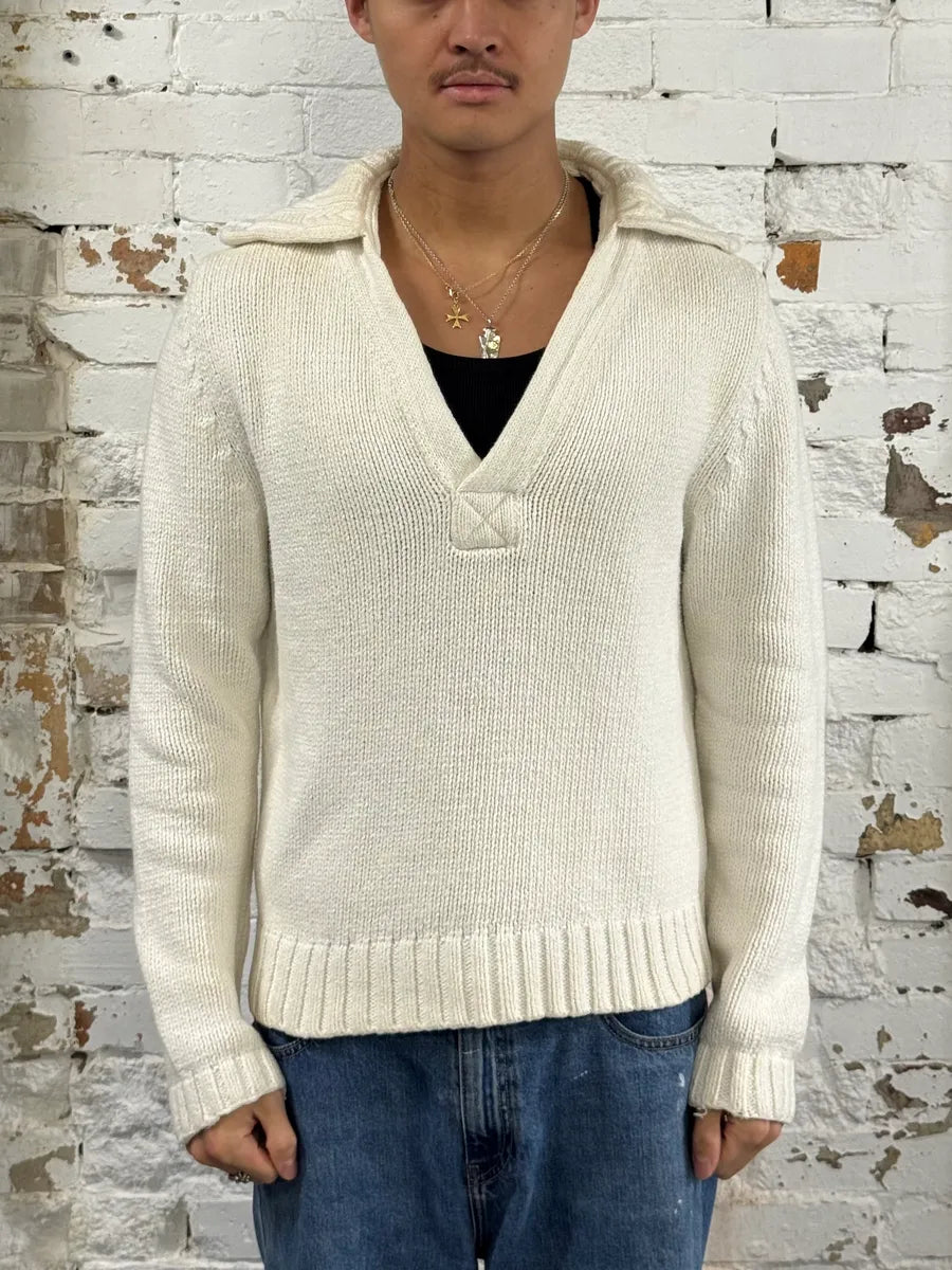 2000s Yves Saint Laurent Class V-Neck White Wool Sweater lEyGhDd 1