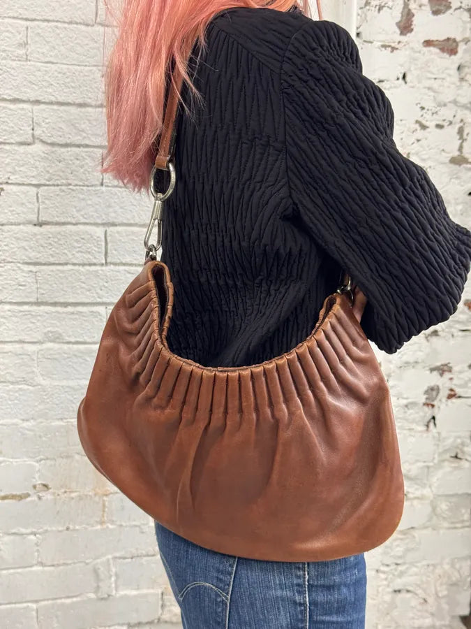 2000s Yves Saint Laurent Cognac Leather Ruched Handle Bag JTafKkz 1