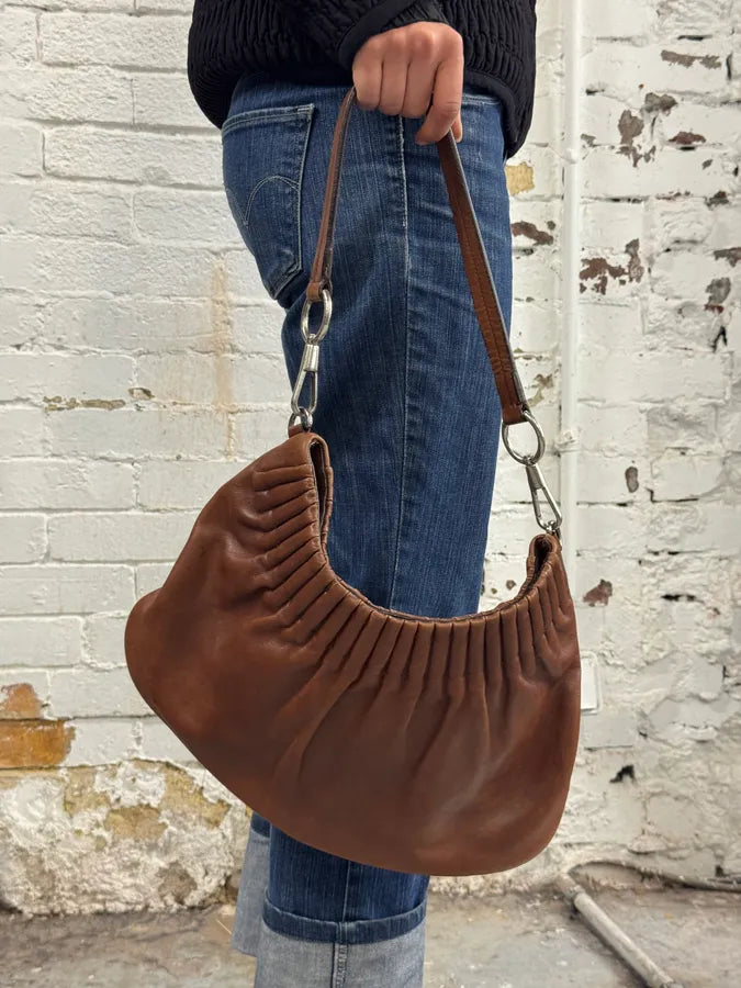 2000s Yves Saint Laurent Cognac Leather Ruched Handle Bag JTafKkz 3