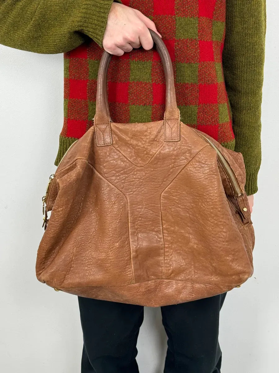 2000s Yves Saint Laurent Easy Y Brown Grained Leather Handle Bag ECQOROK 1