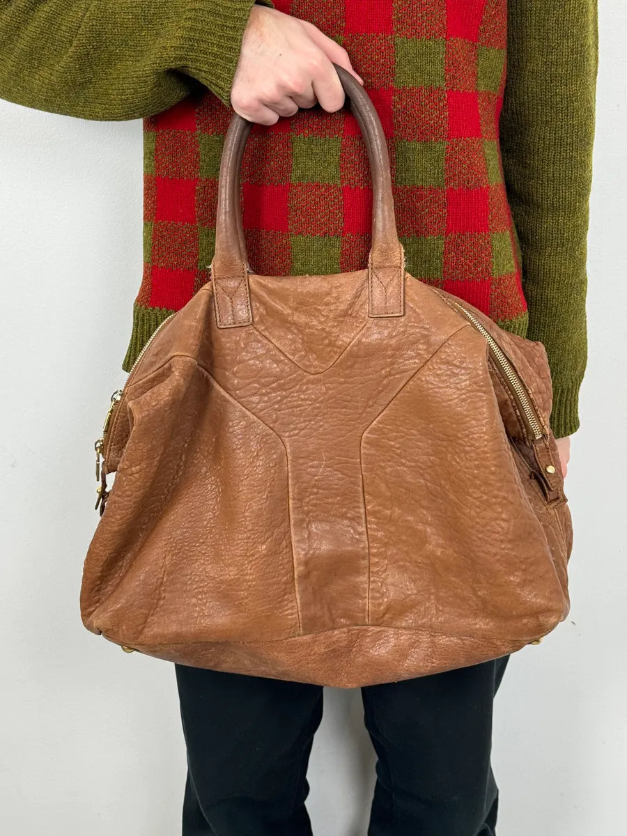 2000s Yves Saint Laurent Easy Y Brown Grained Leather Handle Bag ECQOROK 1