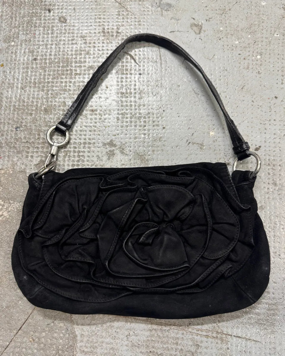 2000s Yves Saint Laurent Flowers Black Suede Leather Handle Bag dREFerL 0
