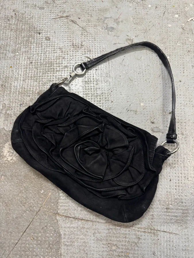 2000s Yves Saint Laurent Flowers Black Suede Leather Handle Bag dREFerL 1