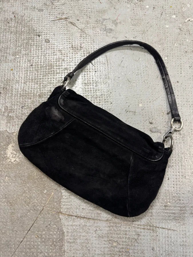 2000s Yves Saint Laurent Flowers Black Suede Leather Handle Bag dREFerL 3