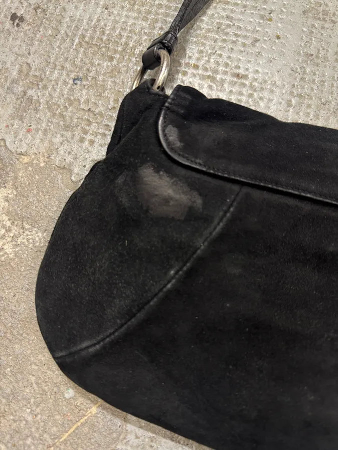 2000s Yves Saint Laurent Flowers Black Suede Leather Handle Bag dREFerL 5