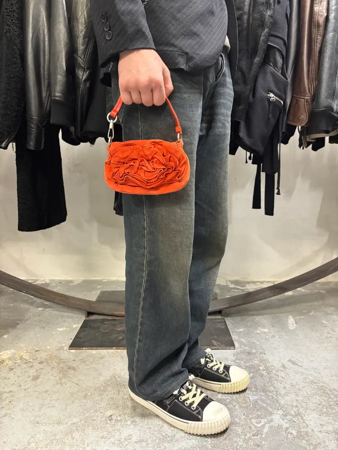2000s Yves Saint Laurent Flowers Orange Suede Leather Handle Bag SJCxfwv 1