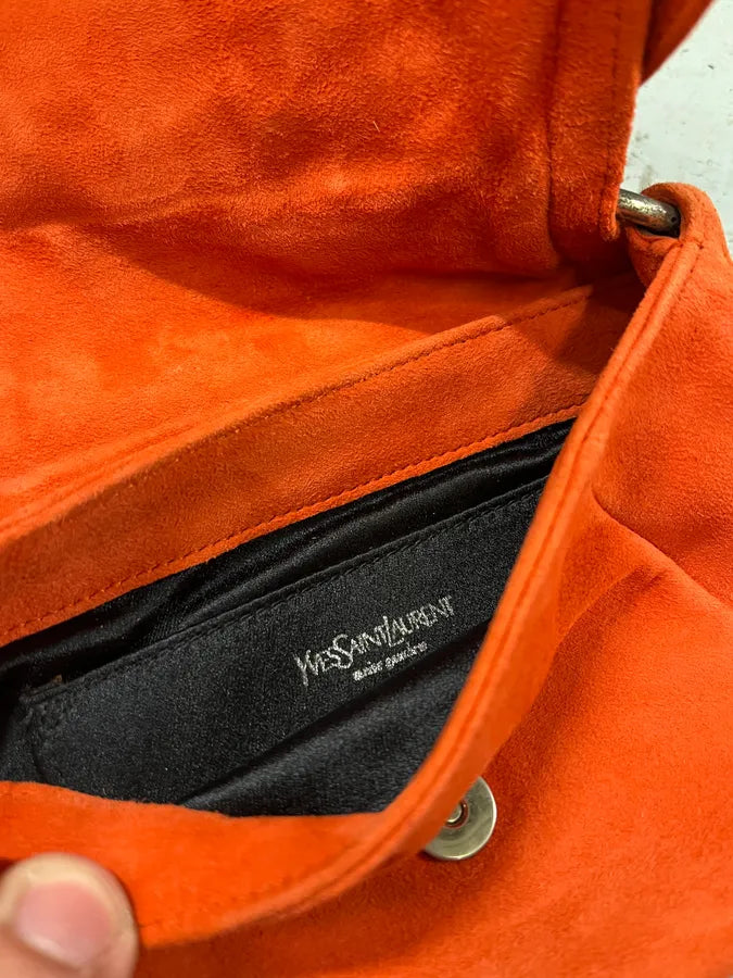 2000s Yves Saint Laurent Flowers Orange Suede Leather Handle Bag SJCxfwv 7