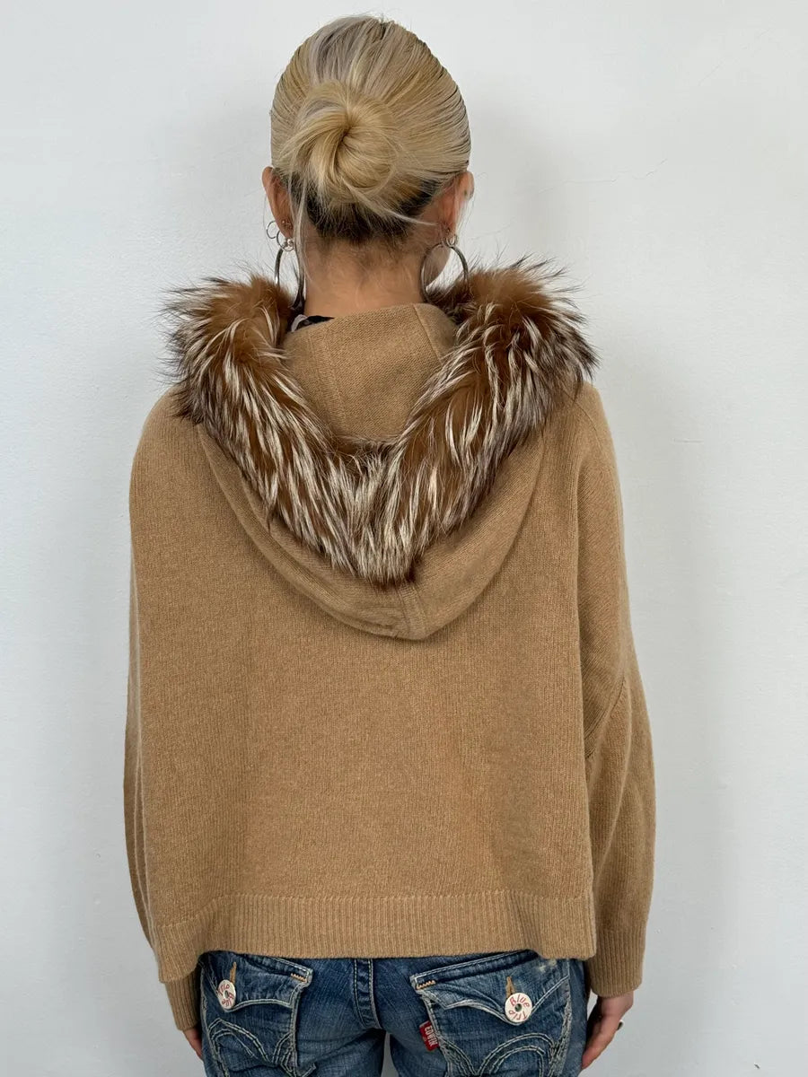 2000s Yves Saint Laurent Fox Fur Hooded Beige Sweater xVaGmJk 2