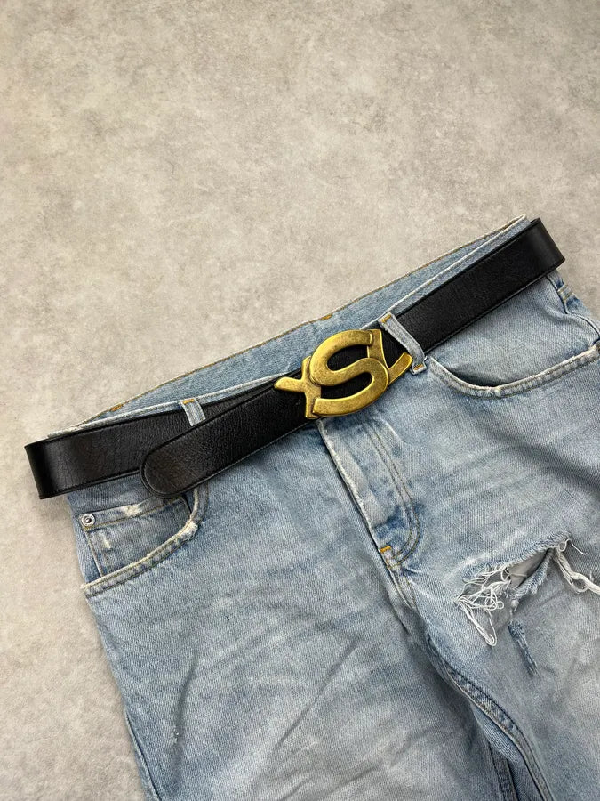 2000s Yves Saint Laurent Gold Buckle Black Leather Belt KFoSKXf 0