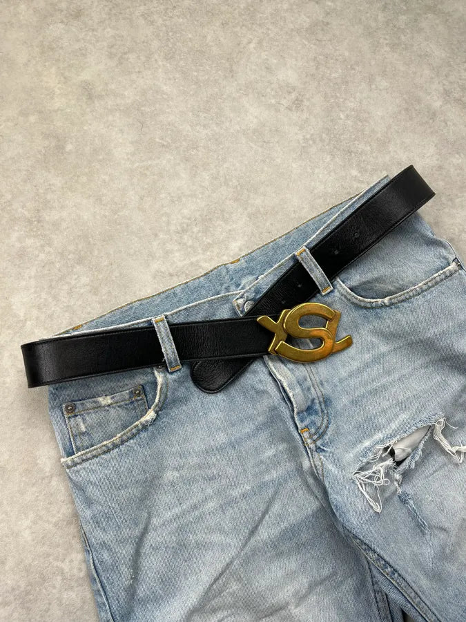 2000s Yves Saint Laurent Gold Buckle Black Leather Belt KFoSKXf 2