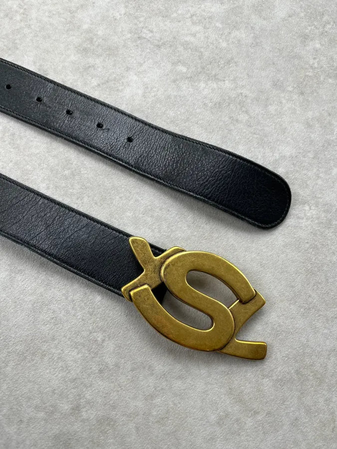 2000s Yves Saint Laurent Gold Buckle Black Leather Belt KFoSKXf 4