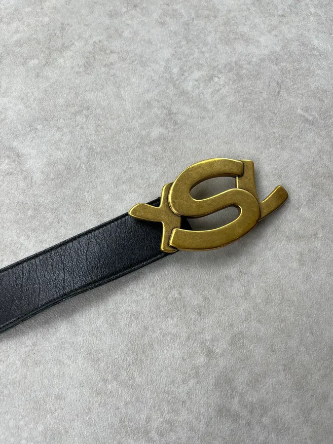 2000s Yves Saint Laurent Gold Buckle Black Leather Belt KFoSKXf 5
