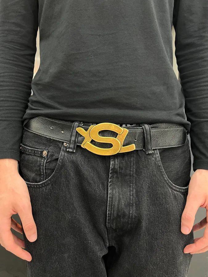 2000s Yves Saint Laurent Golden Logo Buckle Black Leather Belt MZASVUa 0