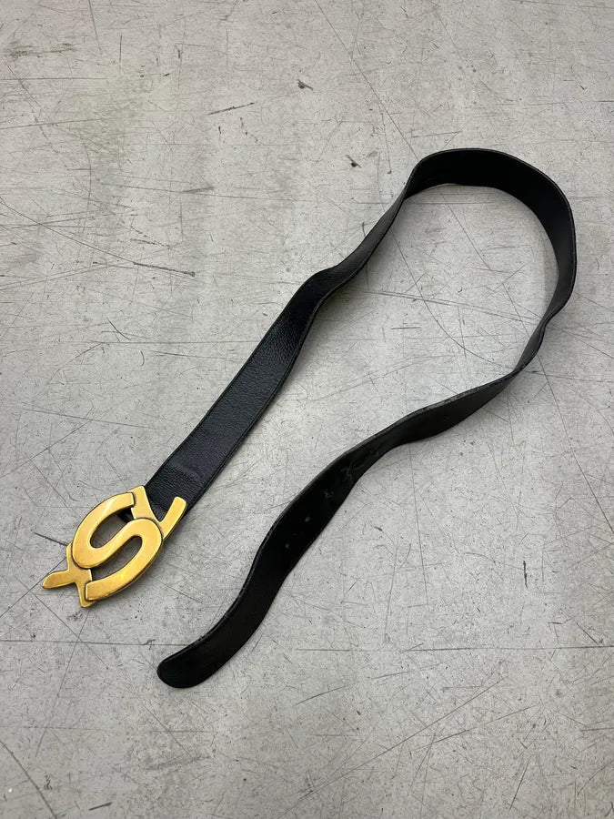 2000s Yves Saint Laurent Golden Logo Buckle Black Leather Belt MZASVUa 2