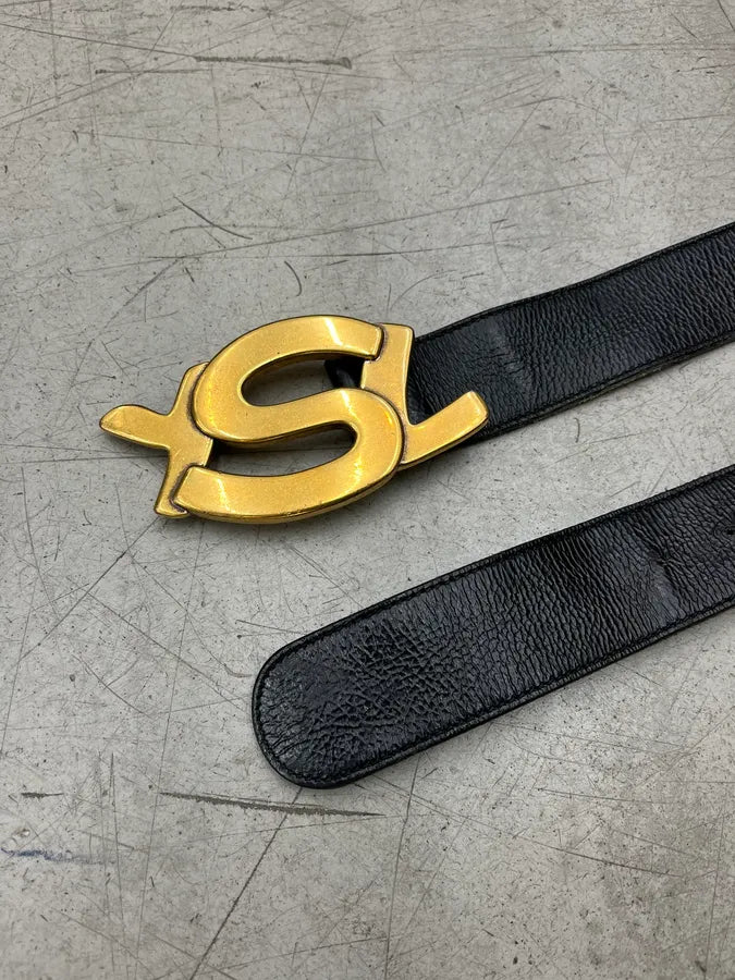 2000s Yves Saint Laurent Golden Logo Buckle Black Leather Belt MZASVUa 3