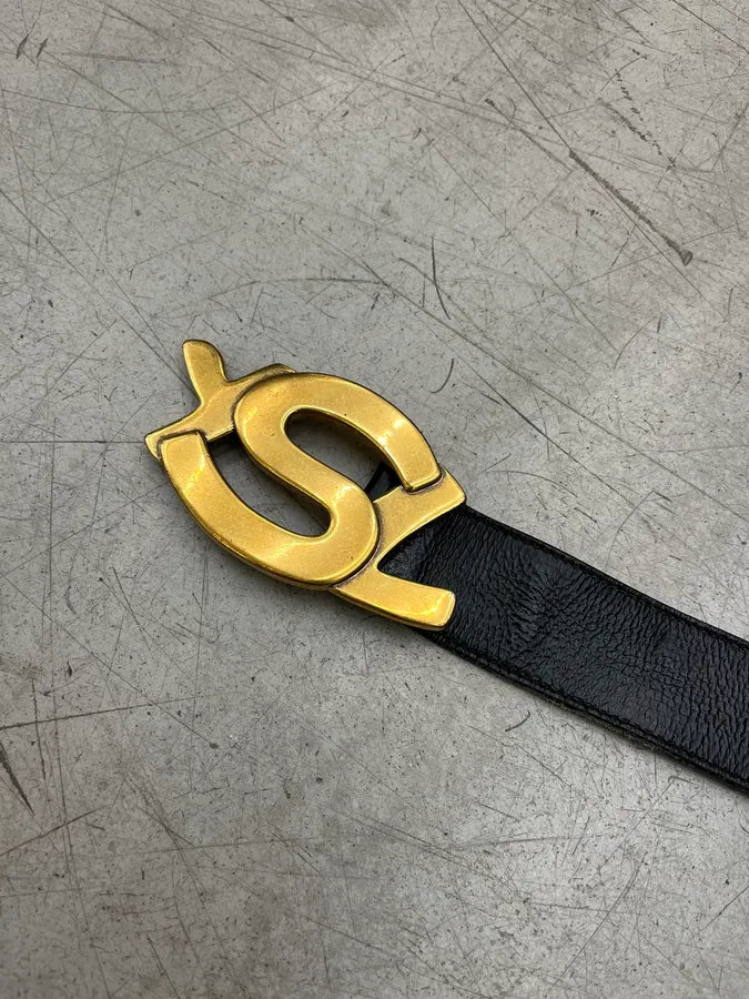 2000s Yves Saint Laurent Golden Logo Buckle Black Leather Belt MZASVUa 4
