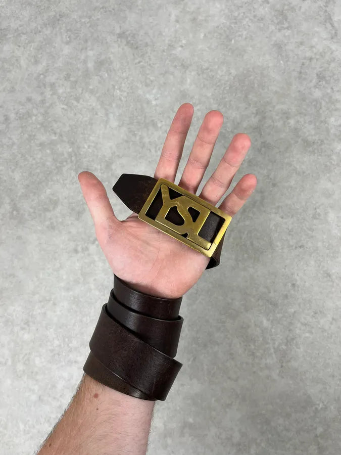 2000s Yves Saint Laurent Golden YSL Buckle Black Leather Belt JUswWYd 1