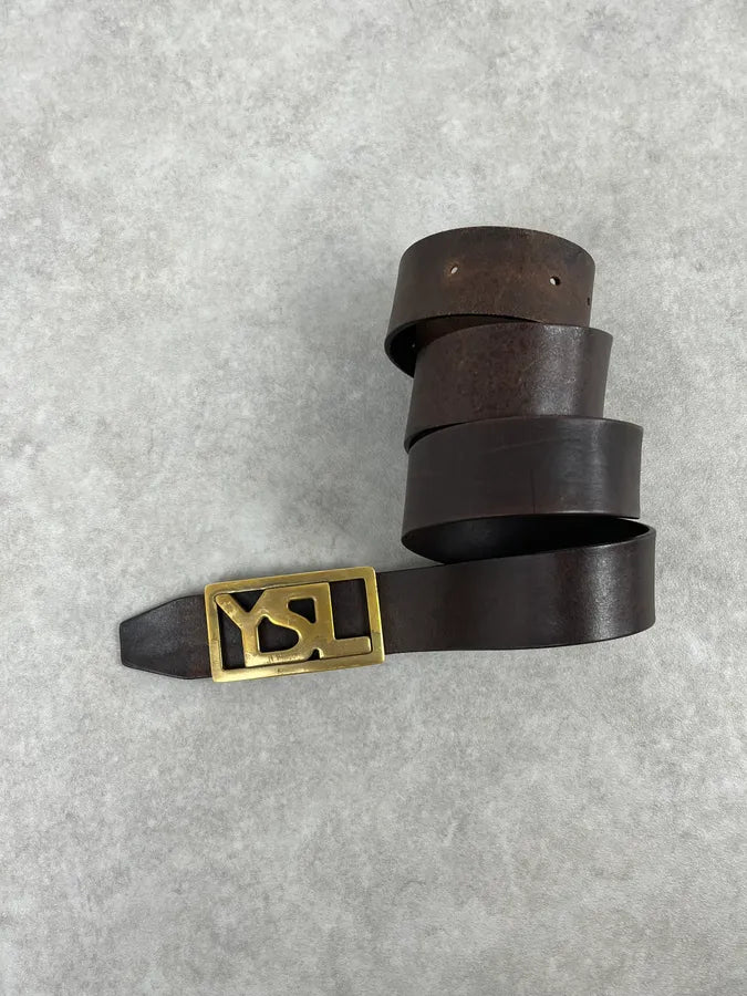 2000s Yves Saint Laurent Golden YSL Buckle Black Leather Belt JUswWYd 2