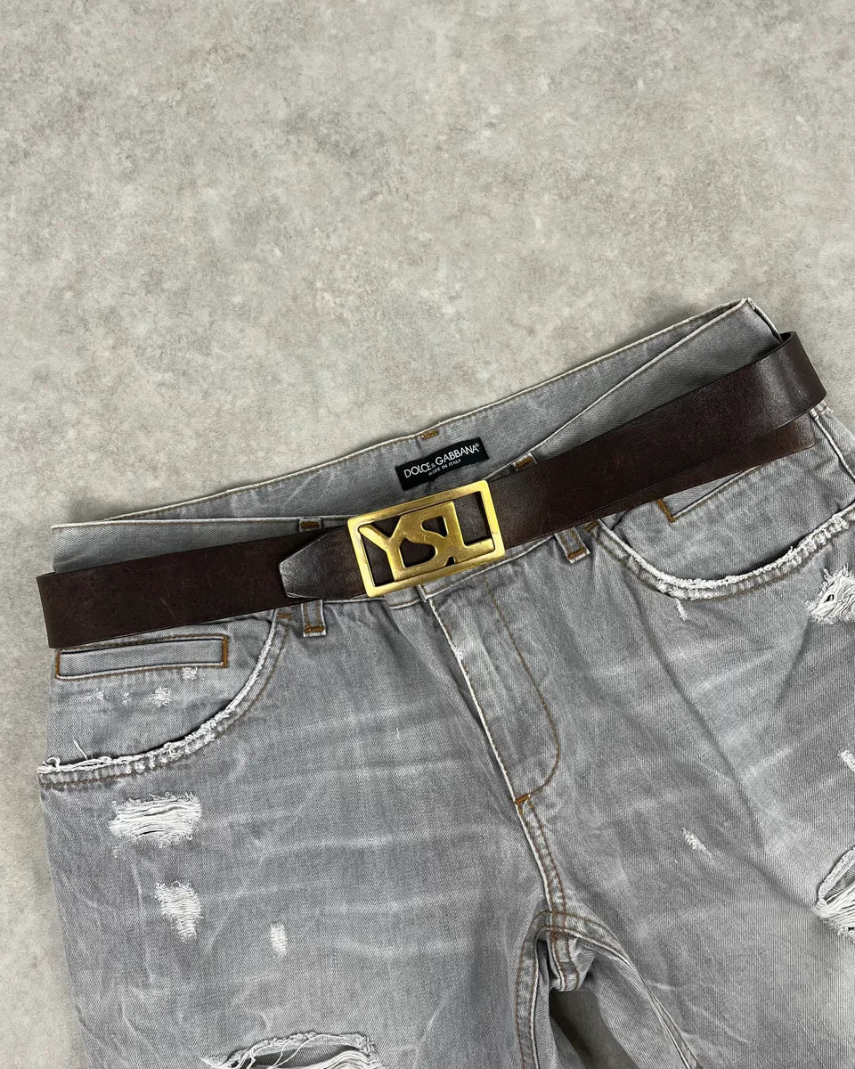 2000s Yves Saint Laurent Golden YSL Buckle Black Leather Belt JUswWYd 0