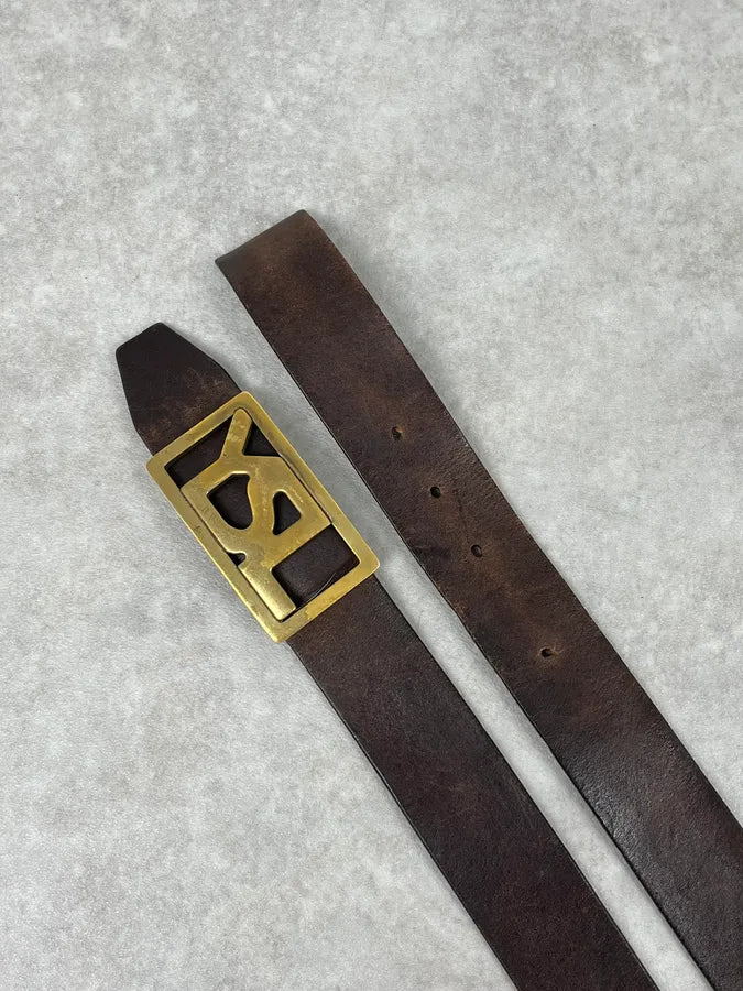 2000s Yves Saint Laurent Golden YSL Buckle Black Leather Belt JUswWYd 3