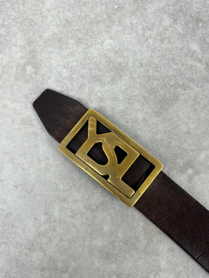 2000s Yves Saint Laurent Golden YSL Buckle Black Leather Belt JUswWYd 5