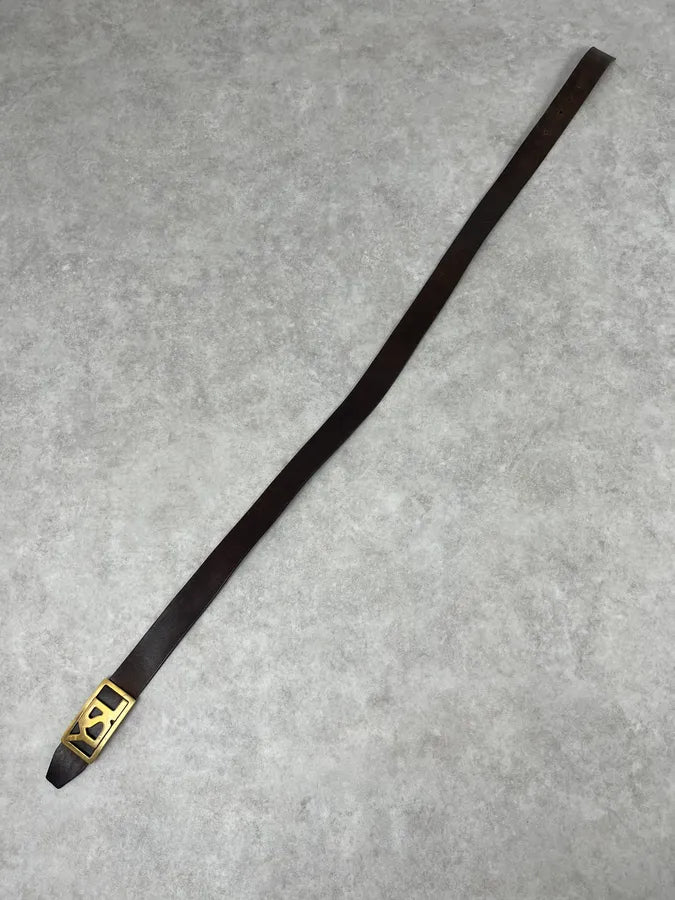 2000s Yves Saint Laurent Golden YSL Buckle Black Leather Belt JUswWYd 7