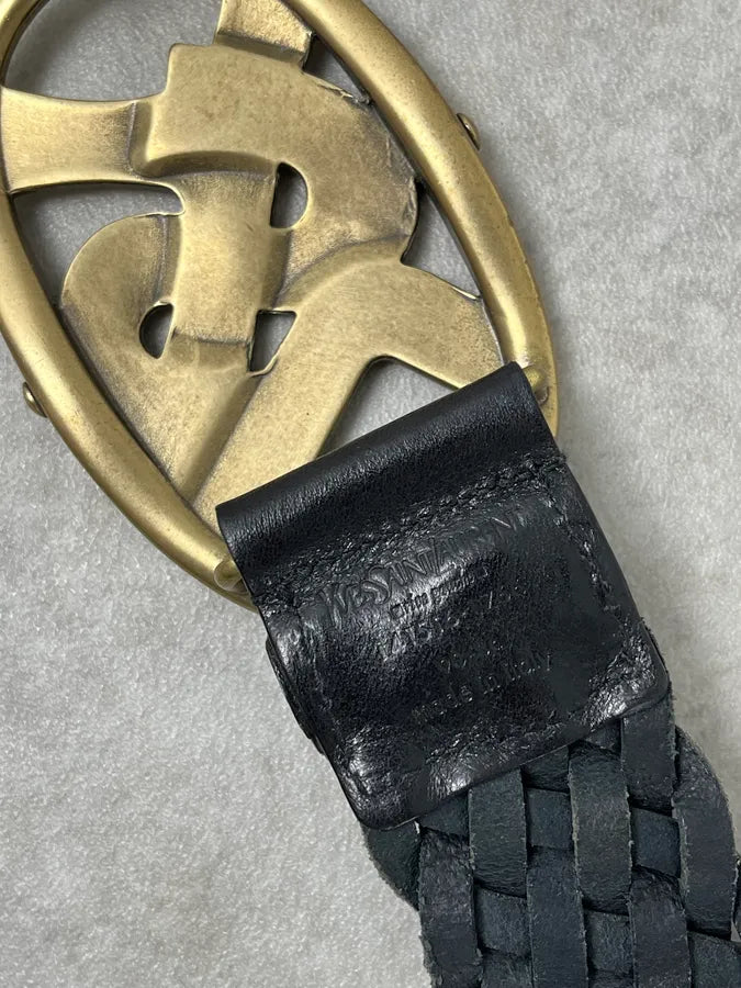 AW2003 Yves Saint Laurent Golden YSL Logo Buckle Black Woven Leather Belt MlkiSVe 5