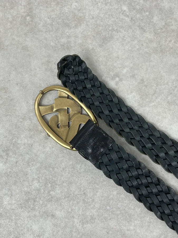 AW2003 Yves Saint Laurent Golden YSL Logo Buckle Black Woven Leather Belt MlkiSVe 3