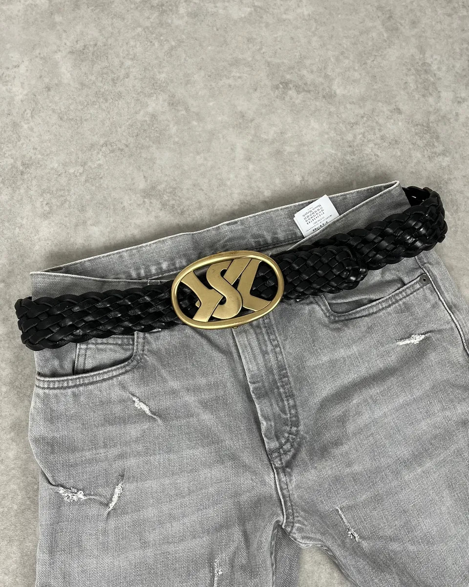 AW2003 Yves Saint Laurent Golden YSL Logo Buckle Black Woven Leather Belt MlkiSVe 0