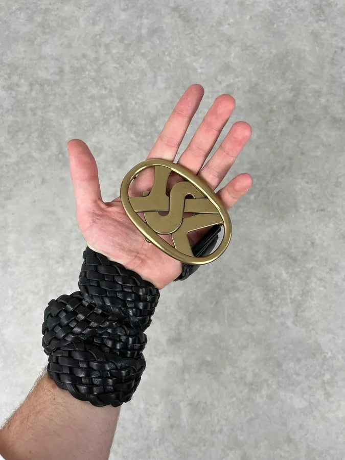 AW2003 Yves Saint Laurent Golden YSL Logo Buckle Black Woven Leather Belt MlkiSVe 1