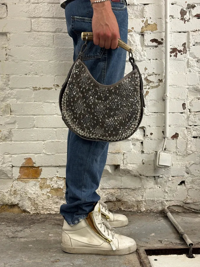 2000s Yves Saint Laurent Gunmetal Sequin Mombasa Handle Bag UgaqWYo 1