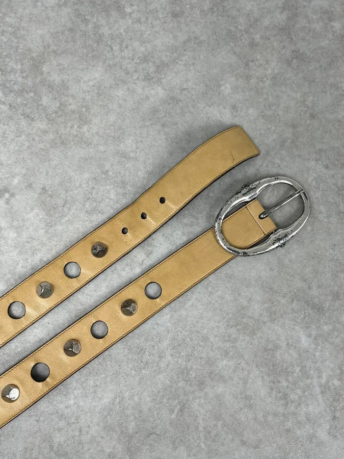 2000s Yves Saint Laurent Holes & Studs Beige Leather Belt POZZSDB 2