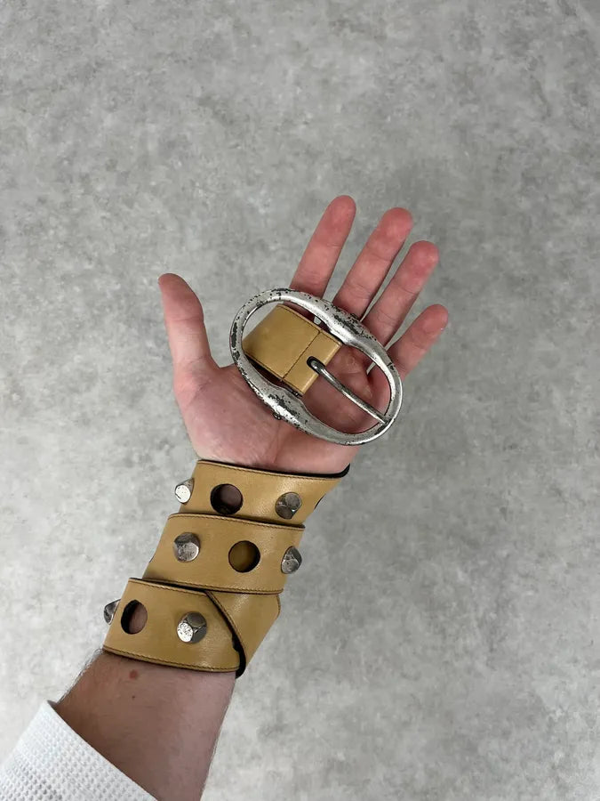 2000s Yves Saint Laurent Holes & Studs Beige Leather Belt POZZSDB 1