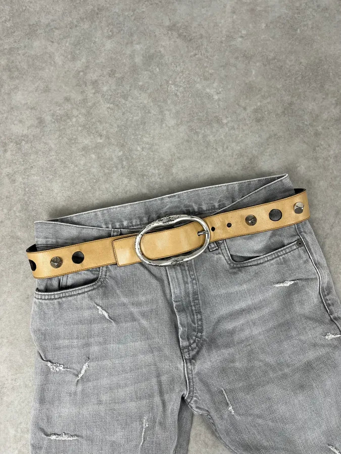2000s Yves Saint Laurent Holes & Studs Beige Leather Belt POZZSDB 0