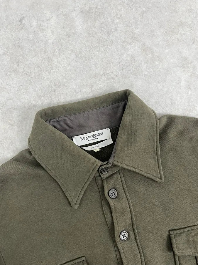 2000s Yves Saint Laurent Khaki Green Silk Polo Shirt oBOfQJj 3