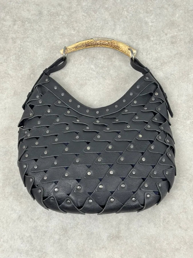 2000s Yves Saint Laurent Mombasa Black Leather Rivet Studded Horn Handle Bag EnTtcGV 0