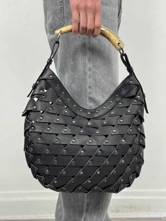 2000s Yves Saint Laurent Mombasa Black Leather Rivet Studded Horn Handle Bag EnTtcGV 1