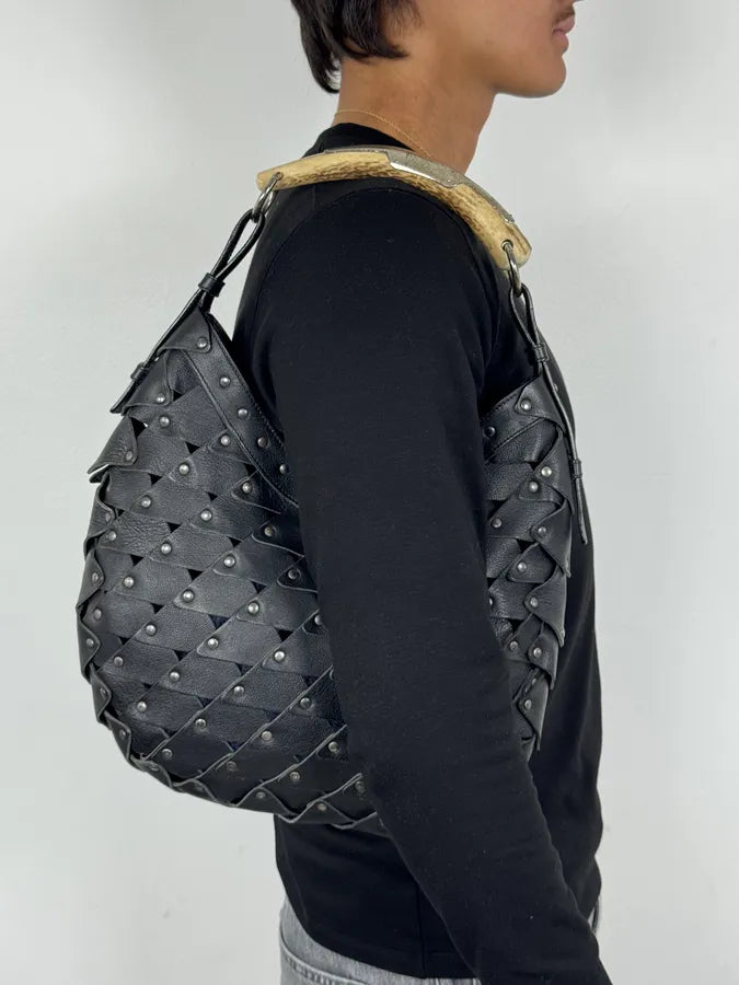 2000s Yves Saint Laurent Mombasa Black Leather Rivet Studded Horn Handle Bag EnTtcGV 2