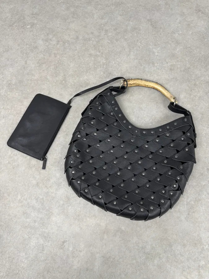 2000s Yves Saint Laurent Mombasa Black Leather Rivet Studded Horn Handle Bag EnTtcGV 3