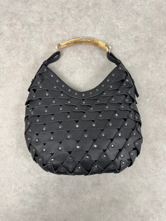 2000s Yves Saint Laurent Mombasa Black Leather Rivet Studded Horn Handle Bag EnTtcGV 4