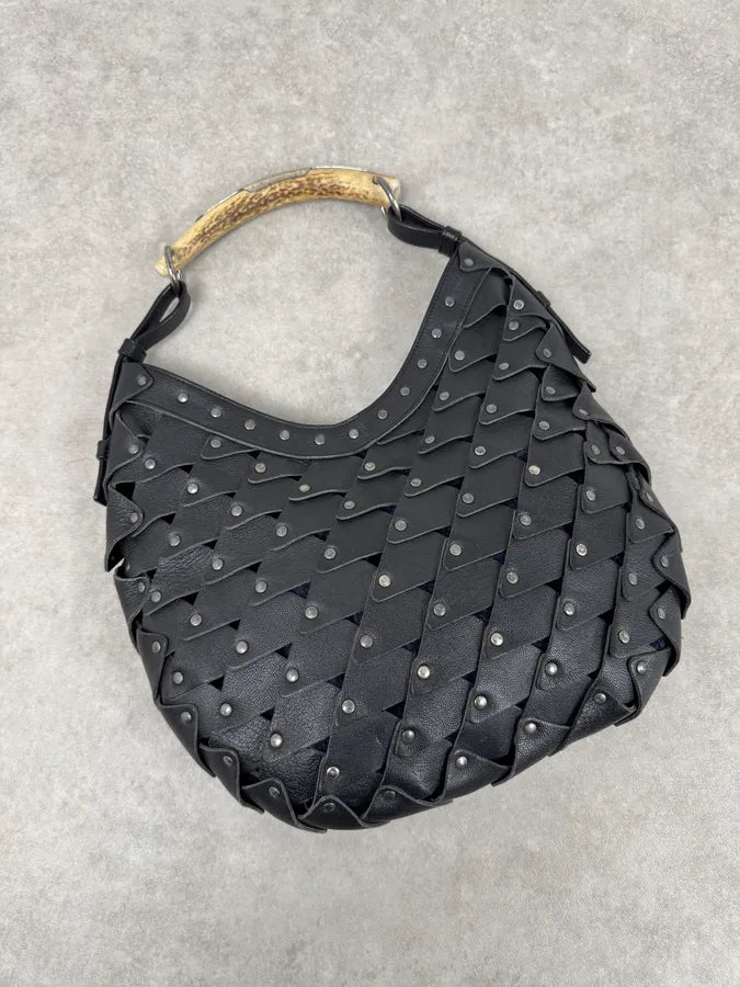 2000s Yves Saint Laurent Mombasa Black Leather Rivet Studded Horn Handle Bag EnTtcGV 6